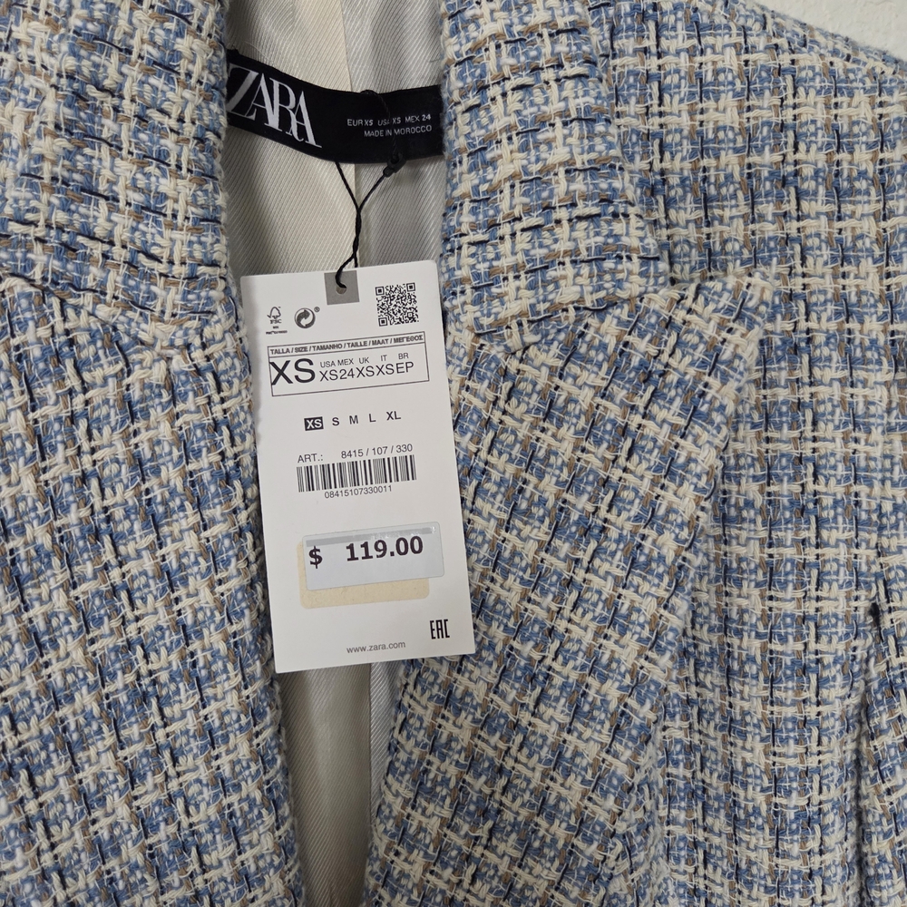 Zara Light Blue and Cream Tweed Jacket